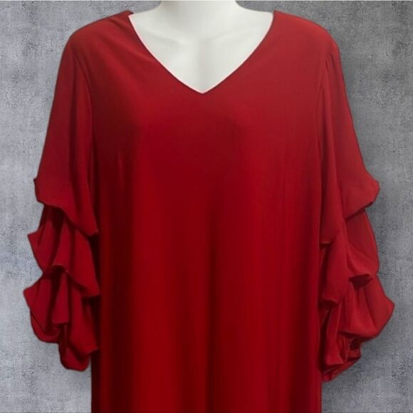 CATO Red Shift Dress Mameluke Tiered Puff Sleeve A-line V-Neck Flowy Midi Knee L - Picture 5 of 10